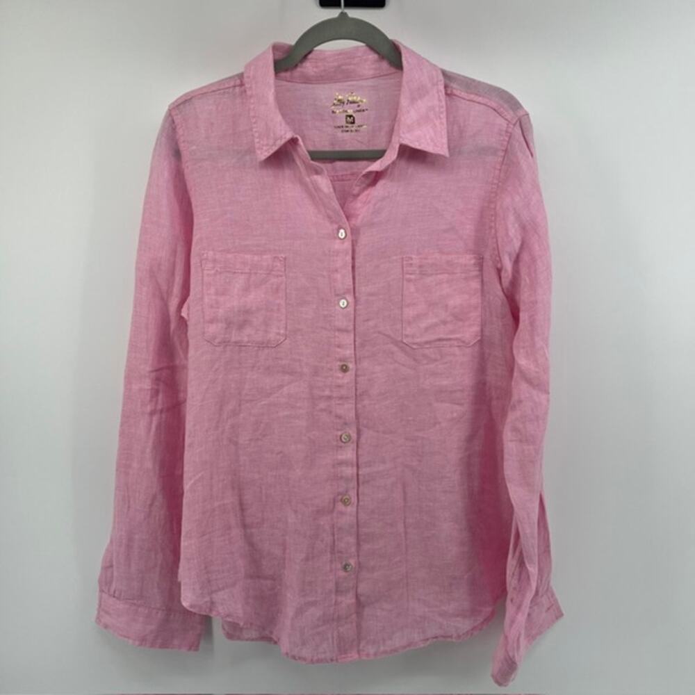 Lilly Pulitzer Seacoast 100% Linen Button Up Shirt Womens M Pink Resort Coastal